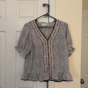 THML Black and White Polka Dot Blouse with Embroidered Trim